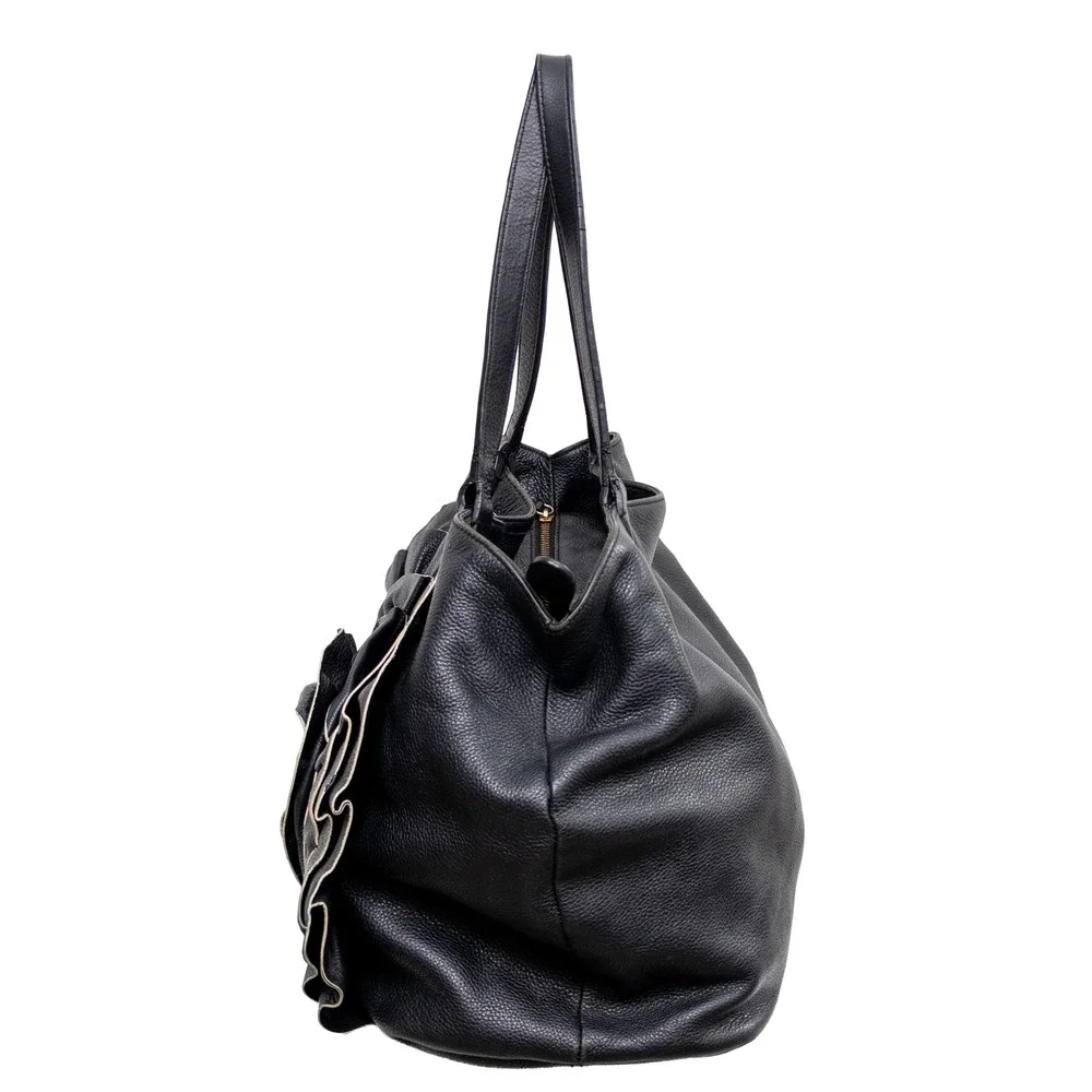Valentino Garavani Black Pebbled Leather Rosette Flower Tote Bag Shoulder Bag